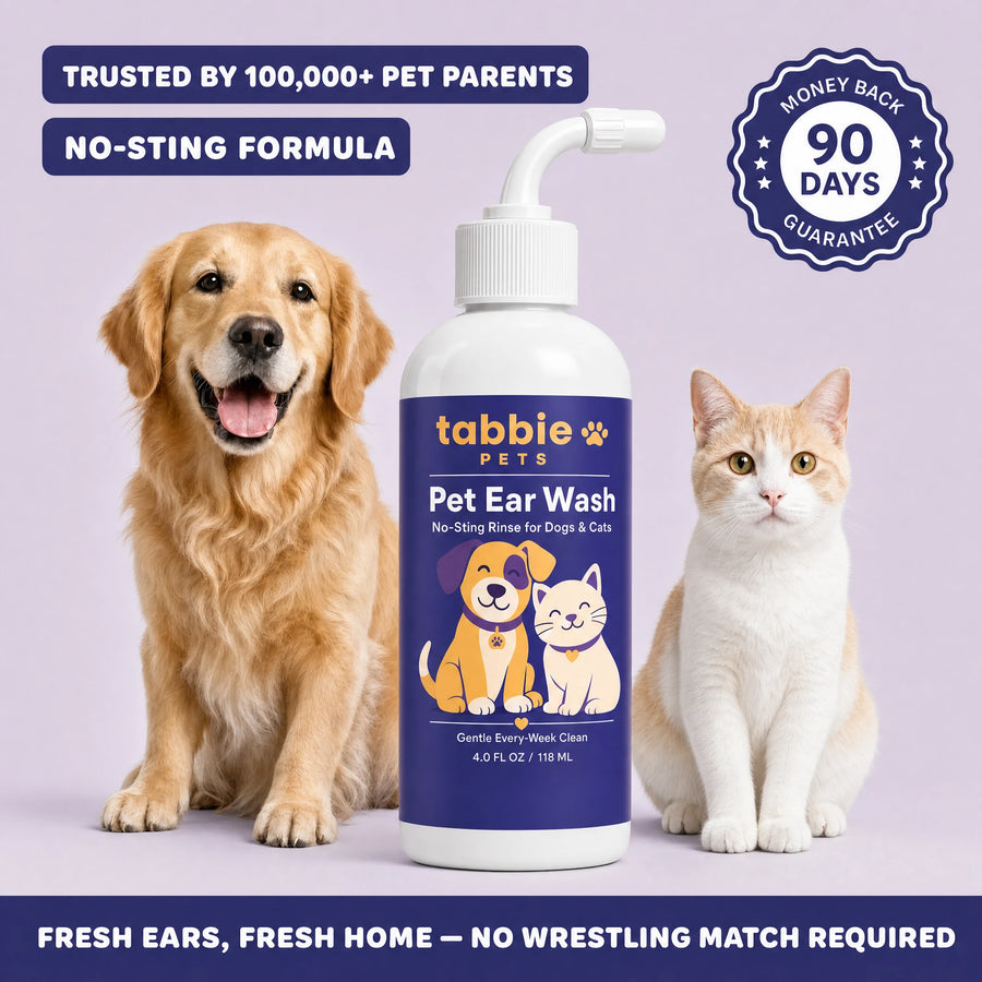 Tabbie Pet Ear Wash bottle with dog and cat — no-sting formula, 90-day money-back guarantee